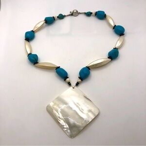 Vtg Sterling Turquoise Mop & Pearl Statement Necklace 16” + 2.6” Pendant